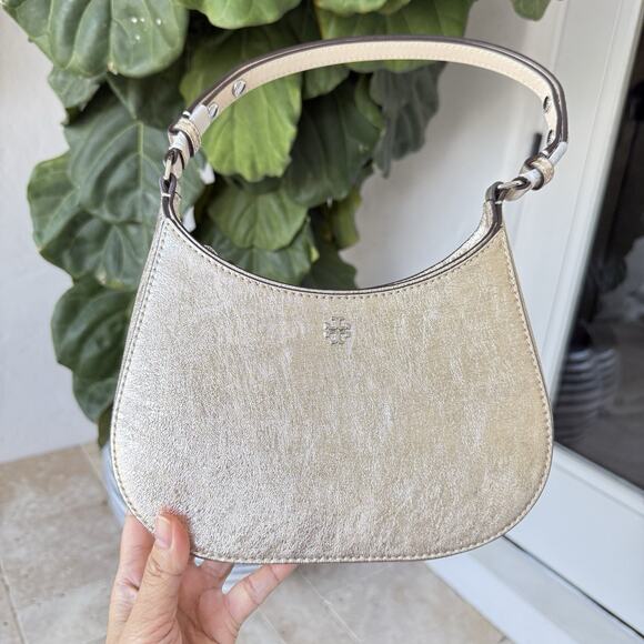 Tory Burch 159158 Emerson Metallic White Gold Refined Leather Shoulder Handbag - Picture 1 of 16